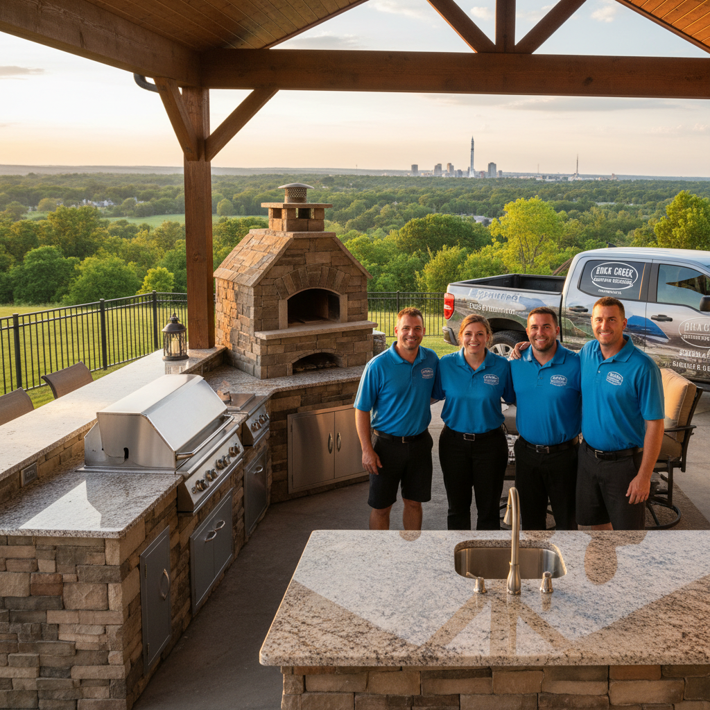 Huntsville Outdoor Kitchens team in front of a finished Huntsville outdoor kitchen