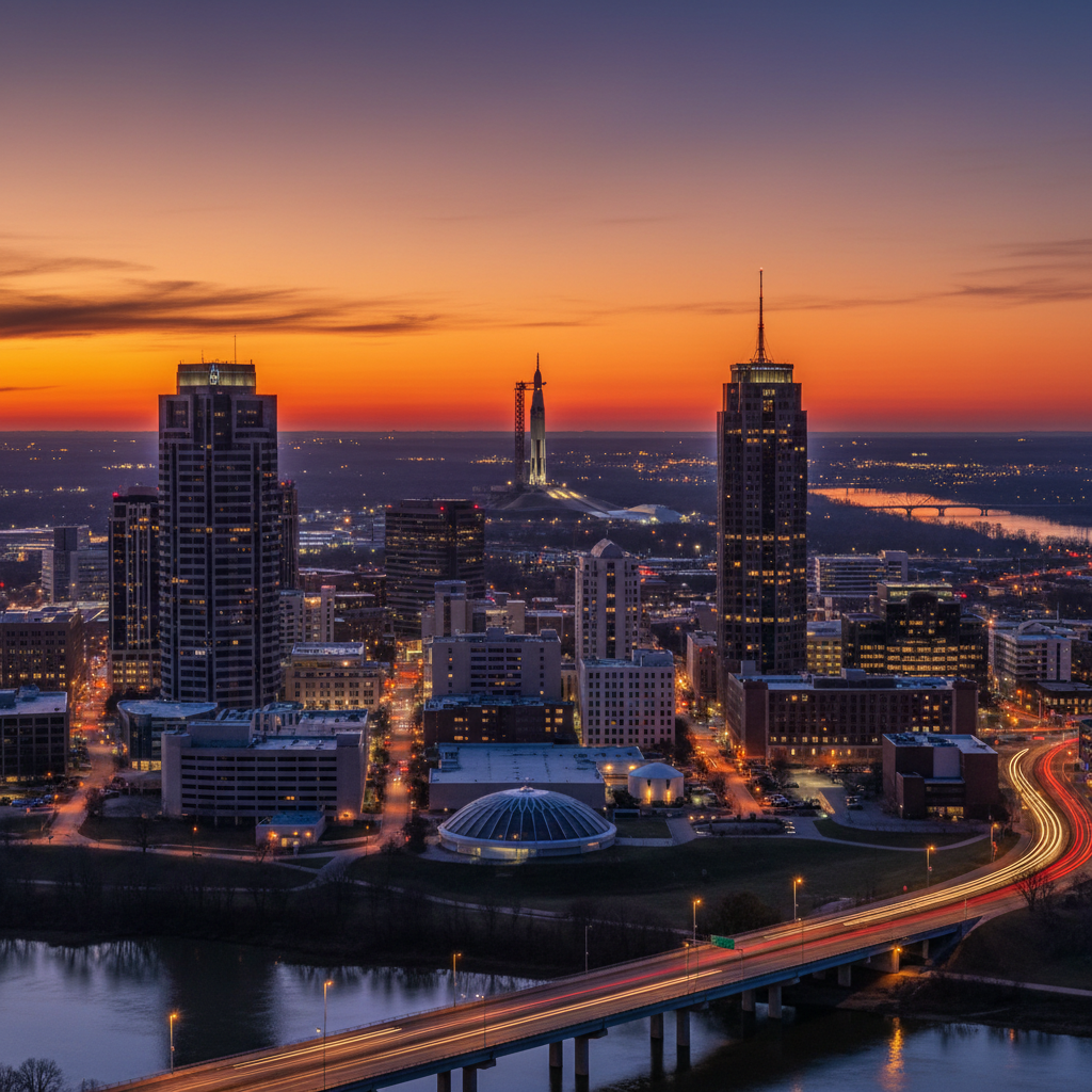 Huntsville Alabama skyline at dusk