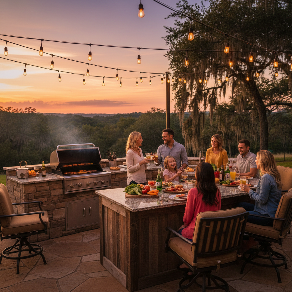 Happy Alabama family enjoying a custom outdoor kitchen in Huntsville